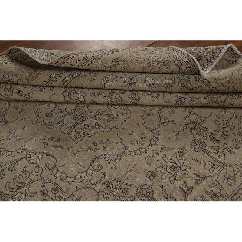 Floral Tabriz Persian Vintage Area Rug Handmade Beige Wool Carpet - 9'8" x 12'4"