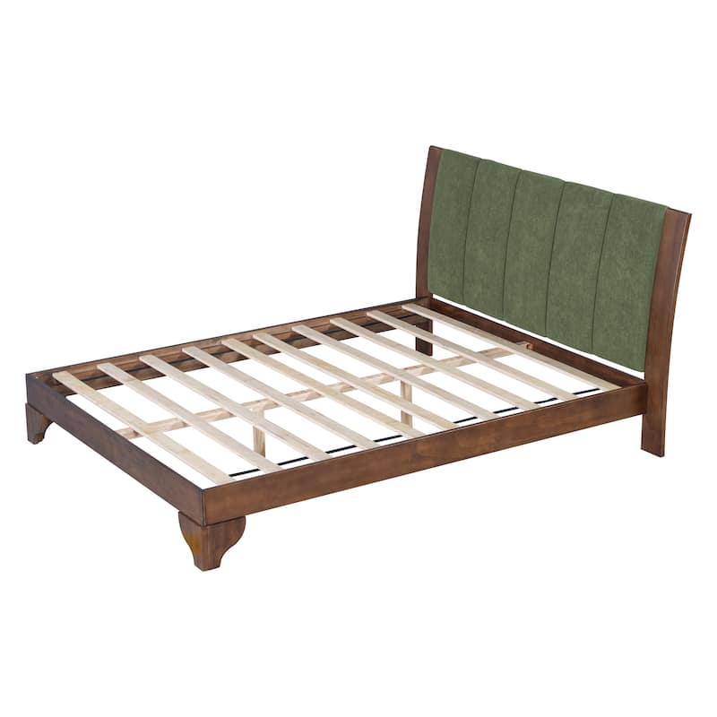 Pine Wood Bed Frame Mid Century Modern Platform Bed with Green Upholstered Headboard, Wood Slat Support Low Profile Wingback Bed
