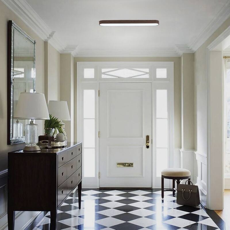 Modern Linear Flush Mount Ceiling Light Matte White Metal with Wood Grain Accent Milky White Diffuser