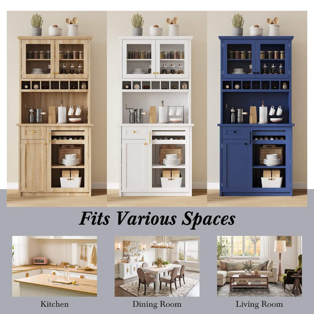 FurnitureR 74.8" Farmhouse Kitchen Pantry Cabinet with Glass Doors, Wine Rack and Adjustable Shelves