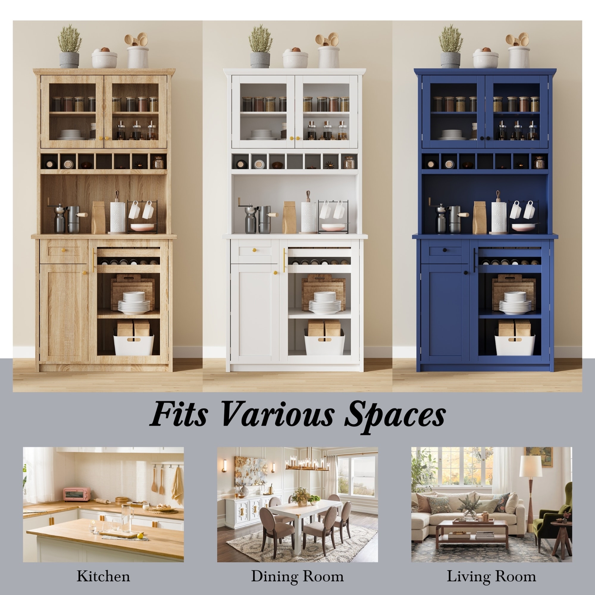 FurnitureR 74.8" Farmhouse Kitchen Pantry Cabinet with Glass Doors, Wine Rack and Adjustable Shelves