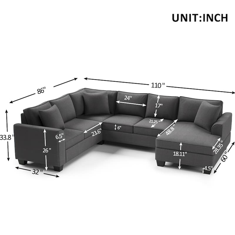 110*86" Sectional Sofa Upholstered Modern English Arm Classic U-shaped Sofa 3 Pillows Included