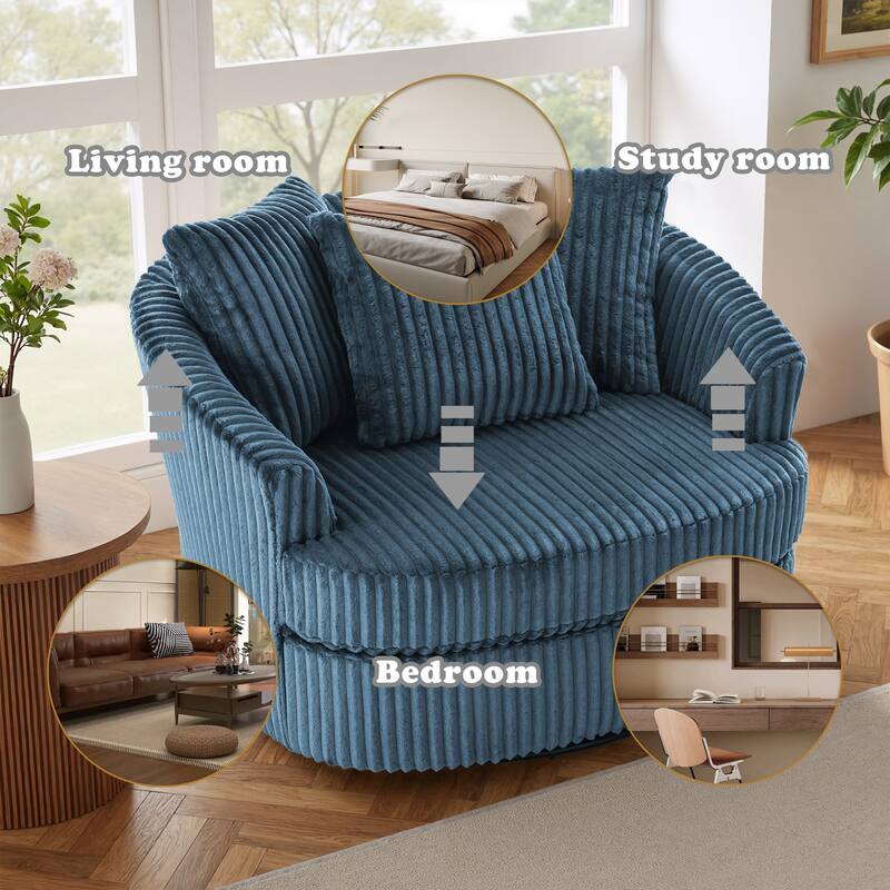 Oversized 43" W Plush Corduroy Swivel Barrel Chair with Pillows