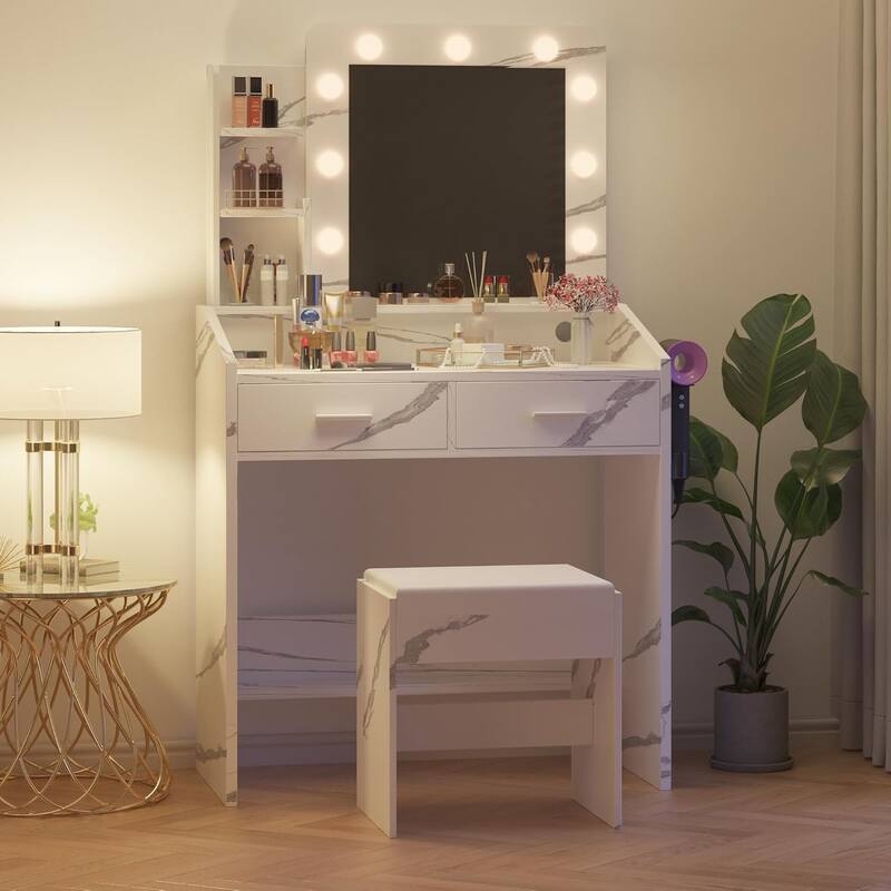 Vanity Desk with Mirror and Lights, Makeup Vanity with Power Outlet & Cushioned Stool