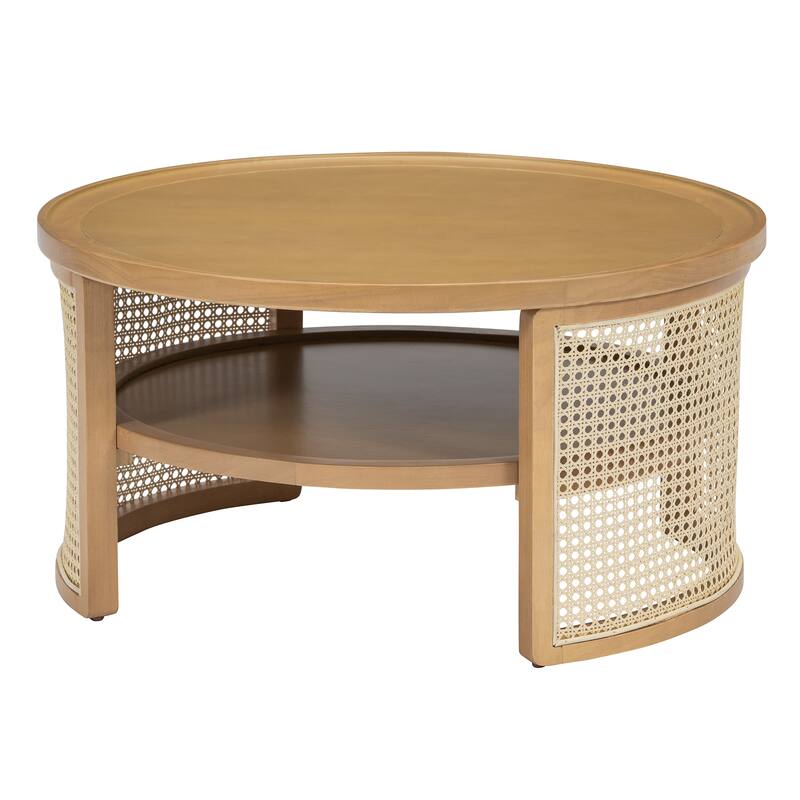 2-Tiered Round Coffee Table with Curved-Edge Top & Rattan Base, Boho Wood Center Table with Storage Shelf for Living Room