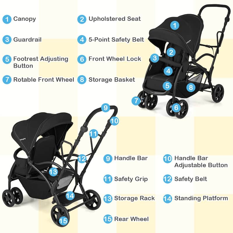 Babyjoy Sit & Stand Double Stroller with Adjustable Handle Bar - See Details