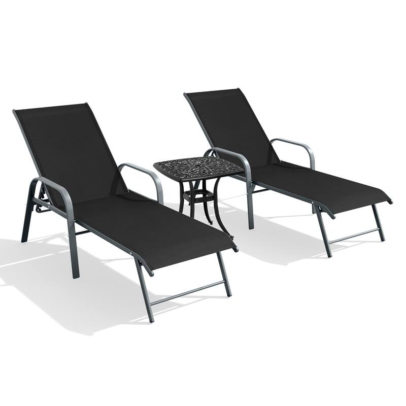 Pellebant Outdoor Patio Lounge Chairs Set Aluminum Adjustable Backrest with Side Table - Black