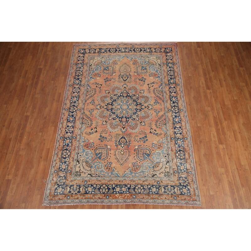 Hand Knotted Oriental 100% Wool Carpet Traditional Floral Oranges & Rust Mashad Area Rug - 9' 7'' X 6' 6''