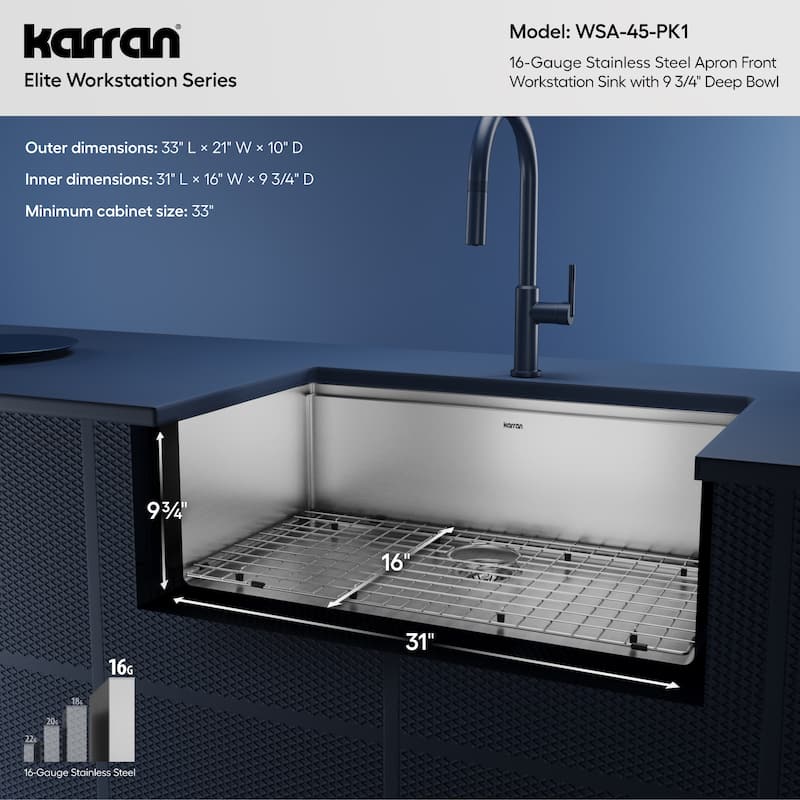 Karran 33" Undermount Large Single Bowl Stainless Steel Farmhouse Workstation Sink