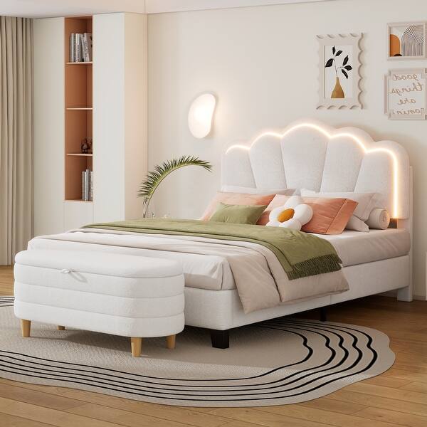slide 2 of 14, Full Size Flower-Shape Platform Bed w/LED Light Strip & Ottoman, White White - Full - Ottoman - Full