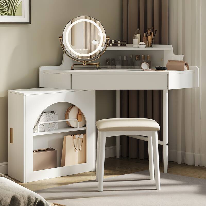 Corner Makeup Vanity Desk With Mirror & LED Lights