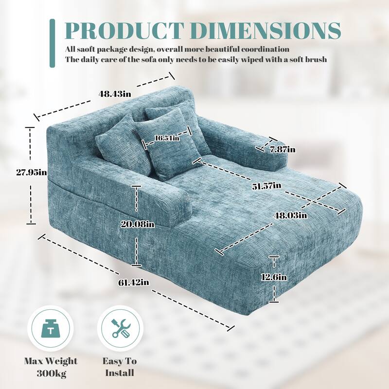 Chenille Lazy Sofa Chaise Lounge with Pillows - Convertible Armchair with Armrests, Multi-Position Sleeper for Living Room