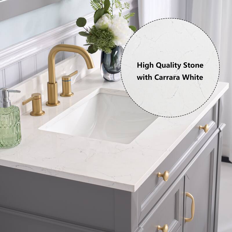 35''H Solid Wood Bath Vanity With Carrera White Quartz Top and Sink