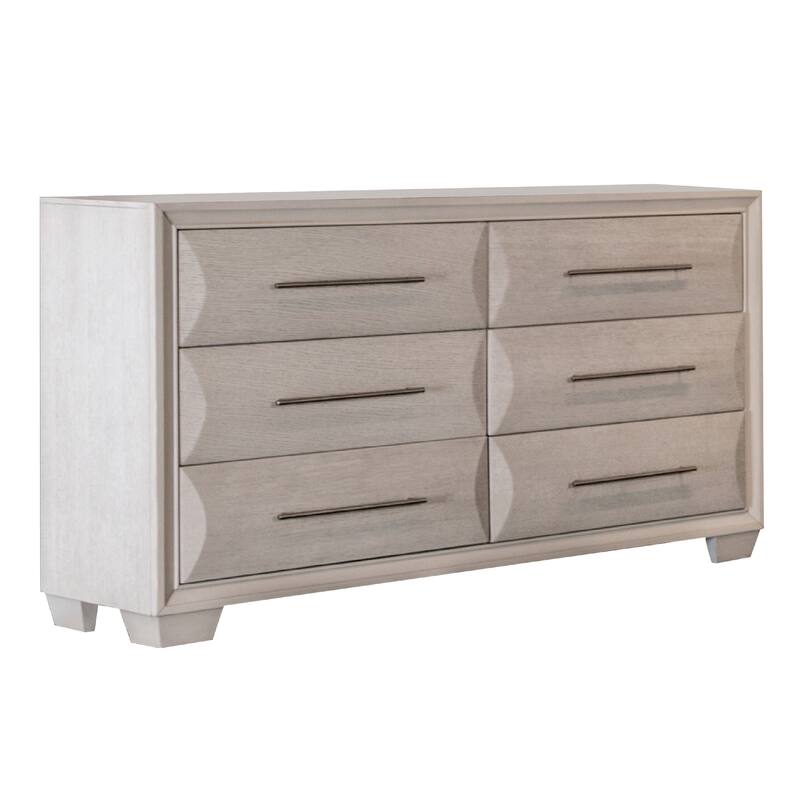Nitz 6 Drawer Wide Dresser, White Oak Solid Wood Frame, Rose Gold Handles