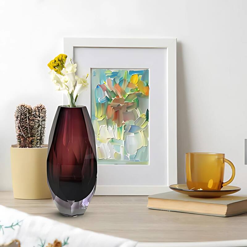 Elegant Plum Cut Glass Vase with Faceted Base Modern Decor Accent Art