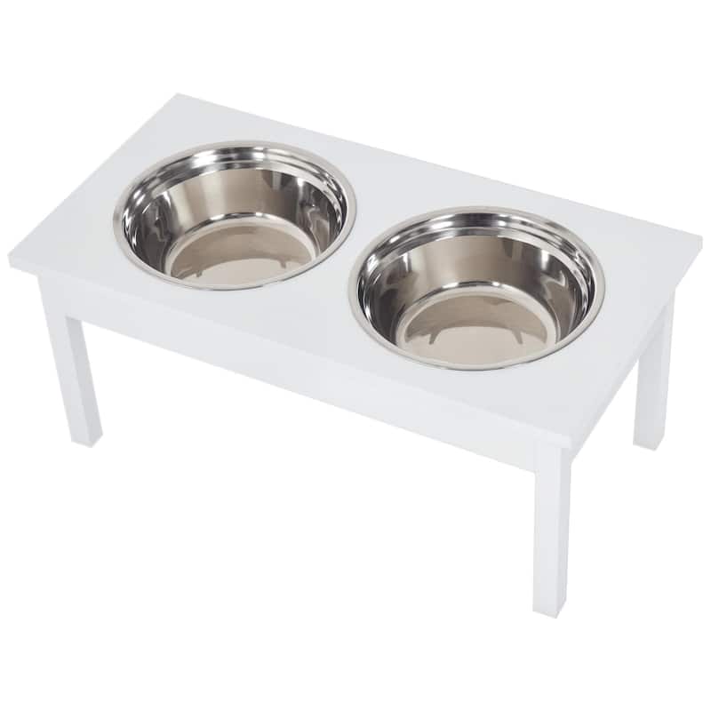 PawHut 23" Elevated Durable Wooden Heavy Duty Dog Pet Bowl Feeding Station - White