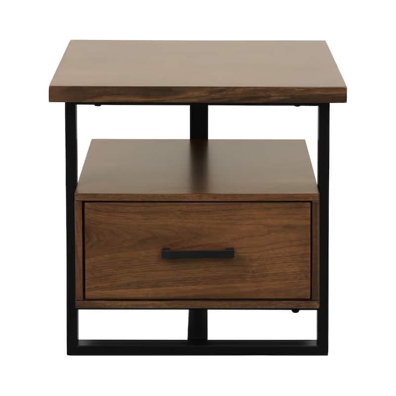 Voz Side End Table, Drawer and Open Shelf, Walnut Brown, Black 22 Inch