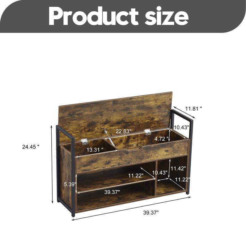 39"Shoe Storage Bench with Cushion, Entryway Bench with Lift-Top Storage Box and 2 Tiers Open Shoe Rack
