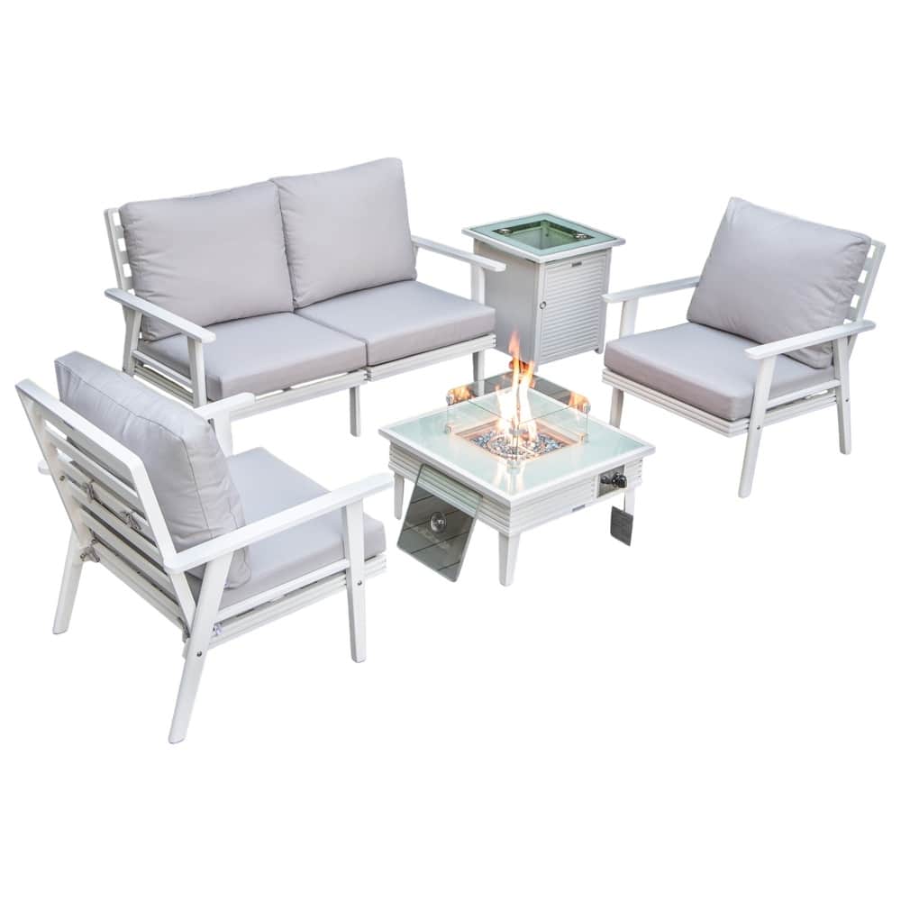 Walbrooke Polyester Upholstered Aluminum Powder Coated Outdoor Patio Furniture Set with Fire Pit Table