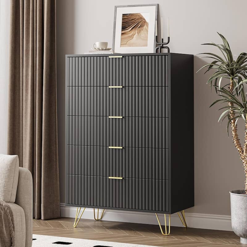 FURNIWAY Fluted Drawer Dresser for Bedroom - Black - 5-drawer