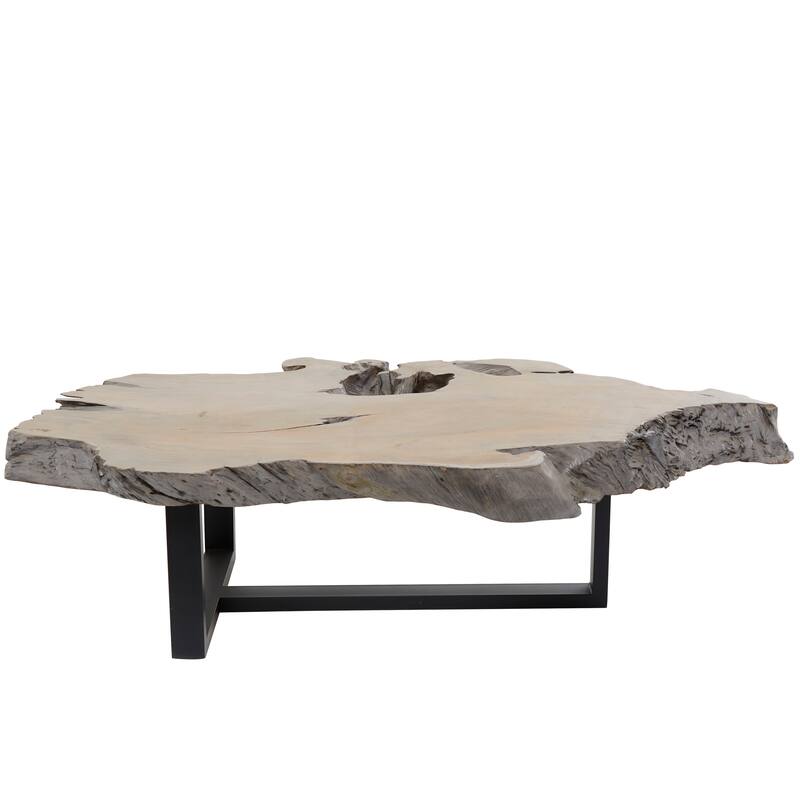 Gray Teak Wood Handmade Live Edge Wood Slab Living Room Coffee Table with Black T Stand Base