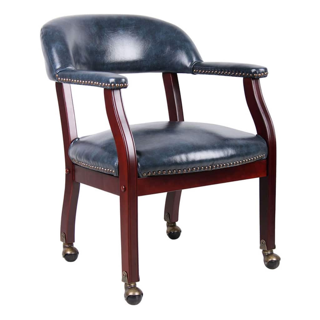 Anna Captain Chair, Brass Rivet Trim, Hooded Caster Wheels, Blue Vinyl