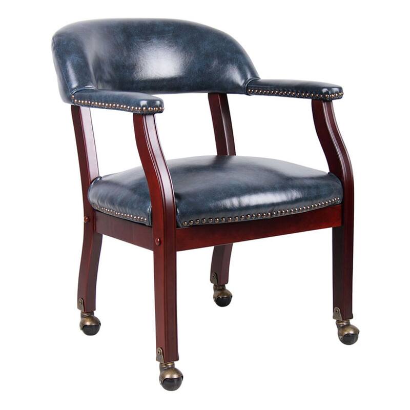 Anna Captain Chair, Brass Rivet Trim, Hooded Caster Wheels, Blue Vinyl