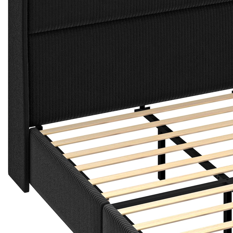 Moasis Corduroy Upholstered Platform Bed Frame with Charging Station and RGB LED Lights