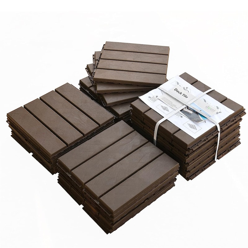 Patio Interlocking Deck Tiles, 12"x12"Square Composite Decking Tiles, Four Slat Plastic Outdoor Flooring Tile (Dark Grey;Brown) - 12"L X 12"W X 0.79"H