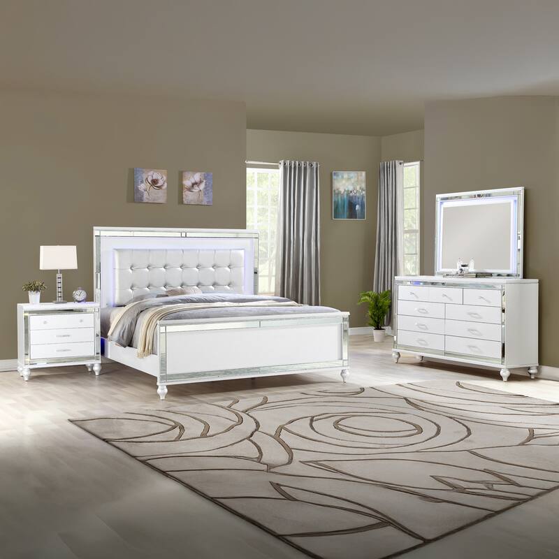 Sterling 4PC/5PC Contemporary Bedroom Set with Mirror Accents and LED Enhancements - White - King - 5 Piece