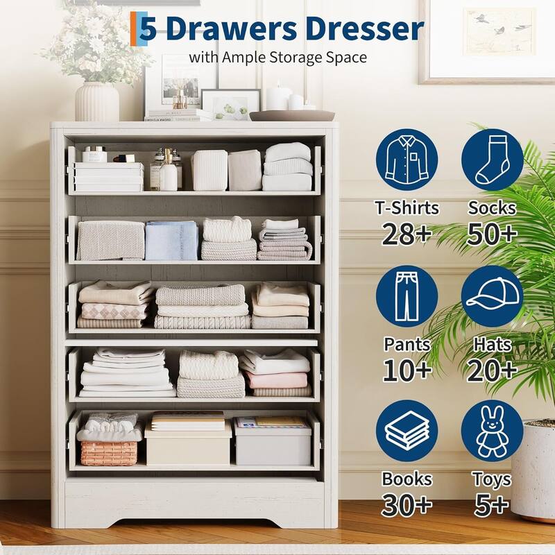 Fluted 5 Drawer Tall Dresser for Bedroom, Living Room, Hallway