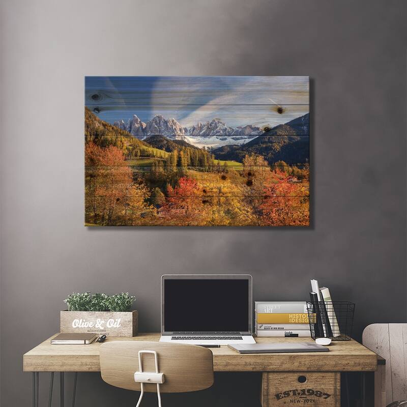 Autumn Landscape I, Odle/Geisler Group, Dolomites, Val di Funes, South Tyrol Province, Italy Print On Wood by Matteo Colombo