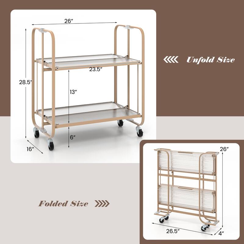 2-Tier Mobile Serving Cart with Tempered Glass Shelf-Golden - 26" x 16" x 28.5"