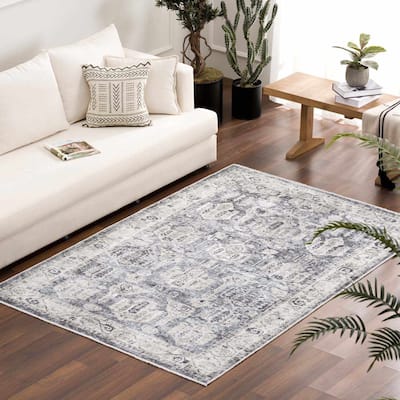 Hauteloom Carnig Living Room, Bedroom Machine Washable Area Rug - Off White, Dusty Blue, Charcoal - 5' x 7'6"