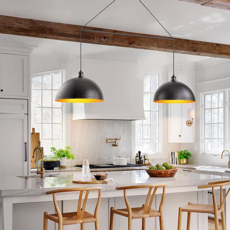 2-Light Modern Industrial Matte Black Linear Dome Hammered Large Pendant Light for Kitchen Island - 54.3 in. W x 11.4 in. H