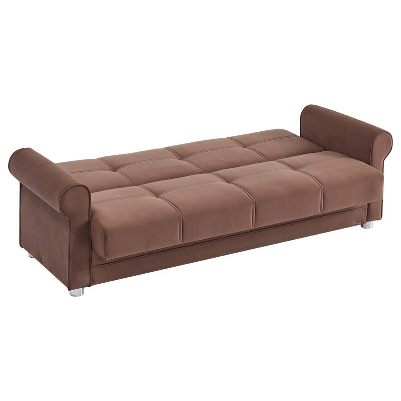 HomeRoots 89" Brown Microfiber Convertible Futon Sleeper Sofa And Toss Pillows With Storage