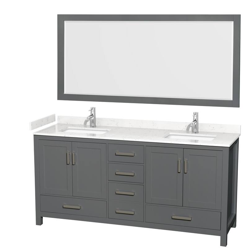 Wyndham Collection Sheffield 72" Double Bathroom Vanity, Carrara - Dark Gray / Carrara Cultured Marble Top / Brushed