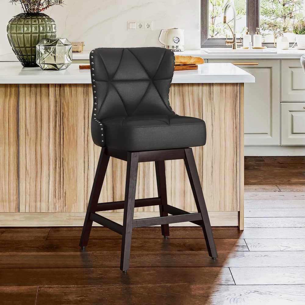 26 in. Wood Frame Swivel Bar Stools with Faux Leather and Linen Upholstered Seat - 20"W x 20"D x 39"H
