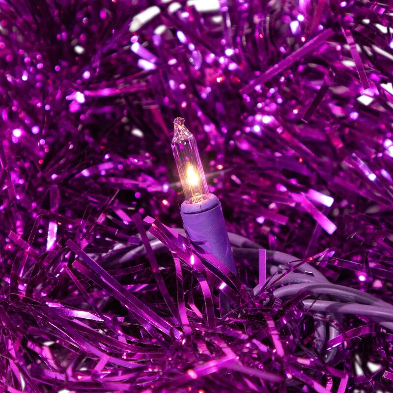 Pre-Lit Artificial Tinsel Christmas Garland - 9' x 8" - Purple - Clear Lights