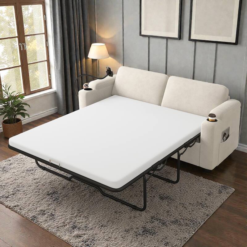 72.8" Corduroy Sleeper Sofa, Full Size Loveseat Bed with Mattress, USB Ports, Cup Holders, Side Pockets & Phone Holder