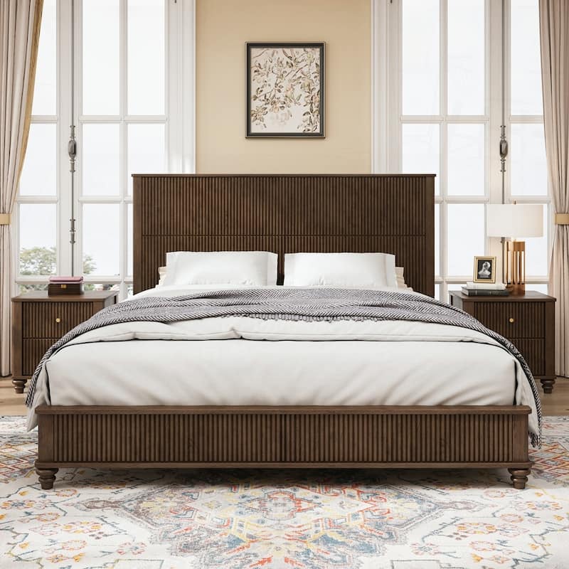 Solid Wood Bed Frame with Tall Headboard