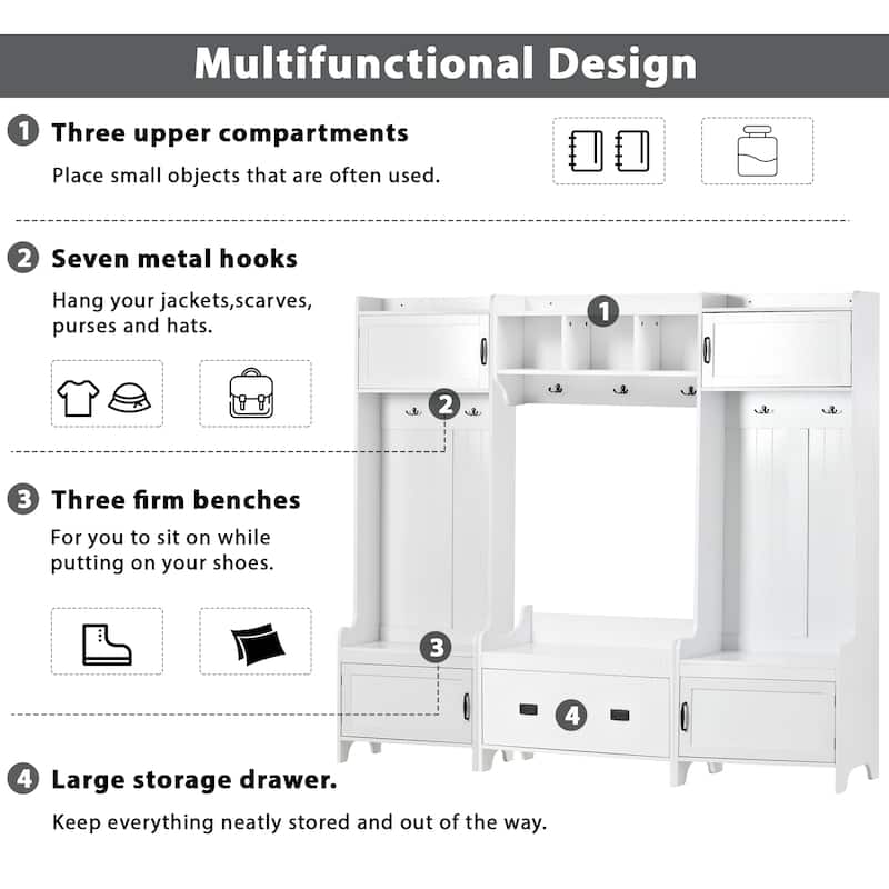 Modern 4-in-1 Hall Tree with Bench, 7 Metal Hooks, Storage Drawer & 4 Cabinets, Entryway Coat Rack Organizer