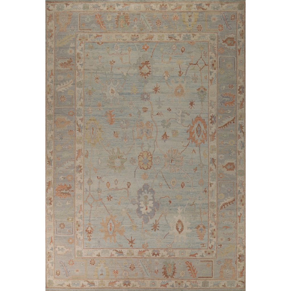 Blue Vegetable Dye Oushak Turkish Rug Hand-Knotted Floral Wool Carpet - 9'2"x 12'3"
