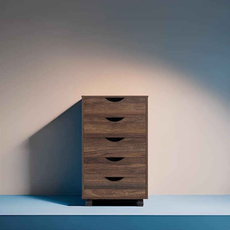 Portable 5-Drawer Wooden Cabinet with 360° Wheels, Smooth Pullout & Extra Top Storage - Espresso
