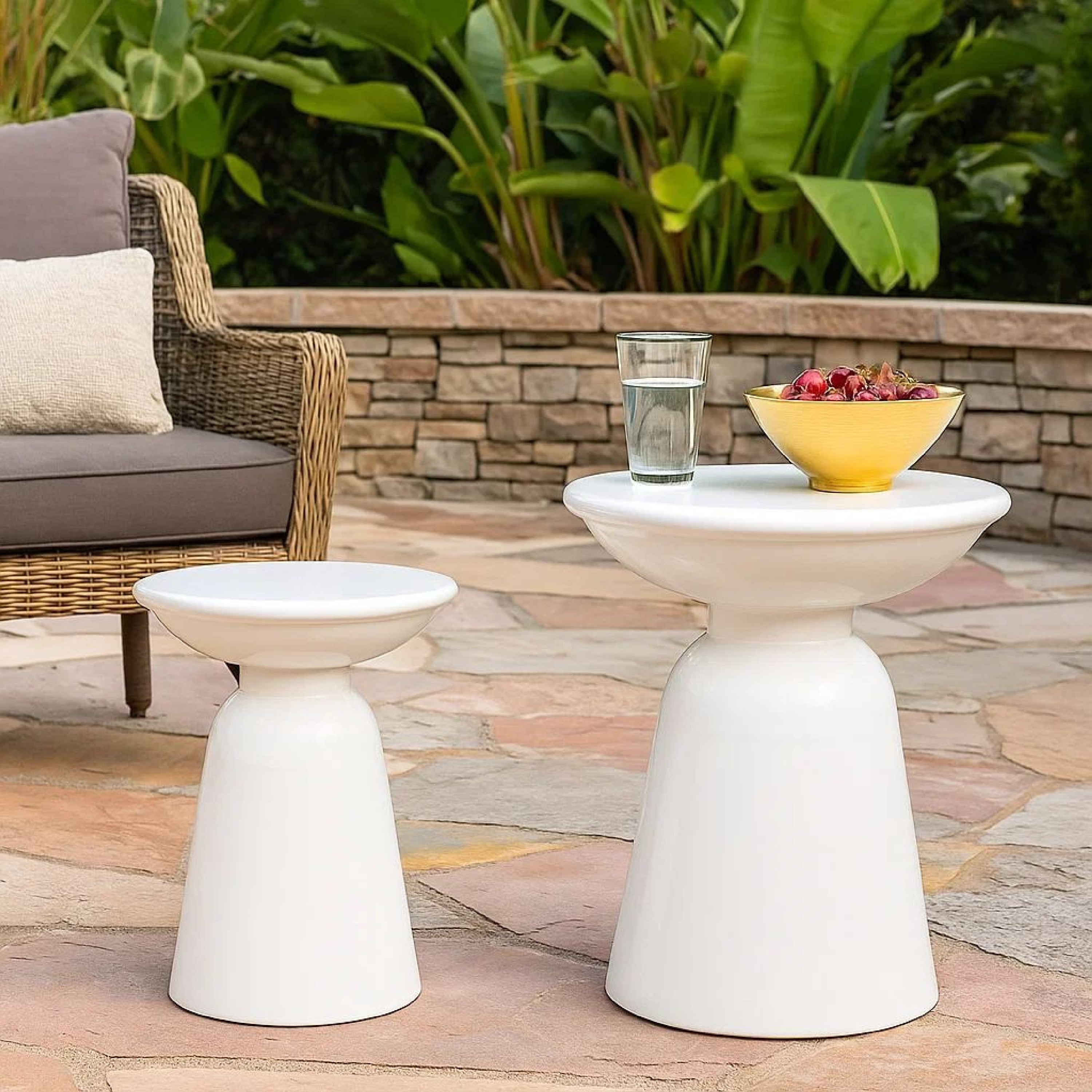 Suma Outdoor Side End Table Set of 2, Round Top, Pedestal, White Iron