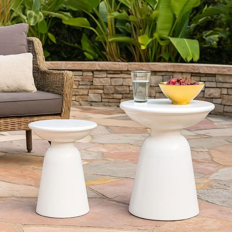 Suma Outdoor Side End Table Set of 2, Round Top, Pedestal, White Iron
