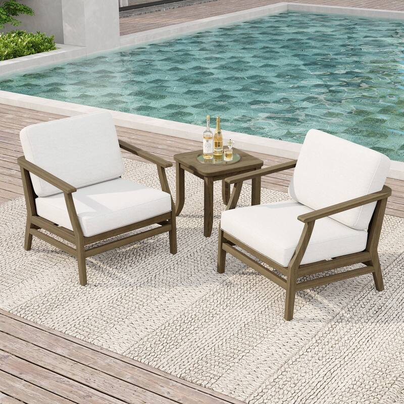 2 Set Patio Teak Wood Outdoor Chair and Side Table Set with Cushions - Beige-Natural Wood