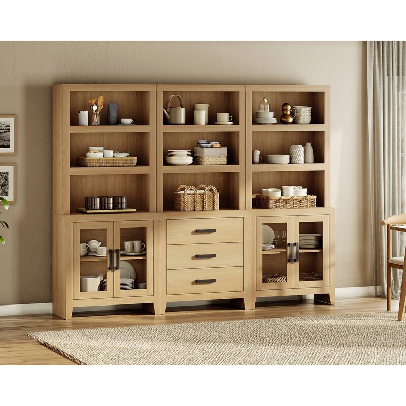 WAMPAT 74" Tall Bookshelf with Glass Doors and Drawers, Farmhouse Bookcase with Adjustable Shelves