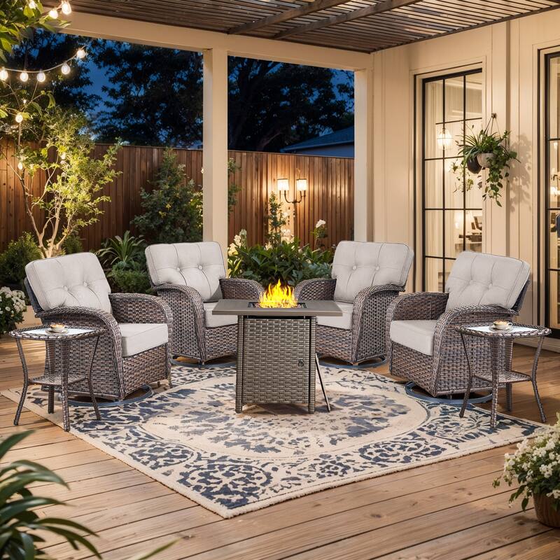 Pocassy Ooutdoor Fire Pit Table with Patio Funiture - 7 Pieces - Brown Wicker & Beige cushion