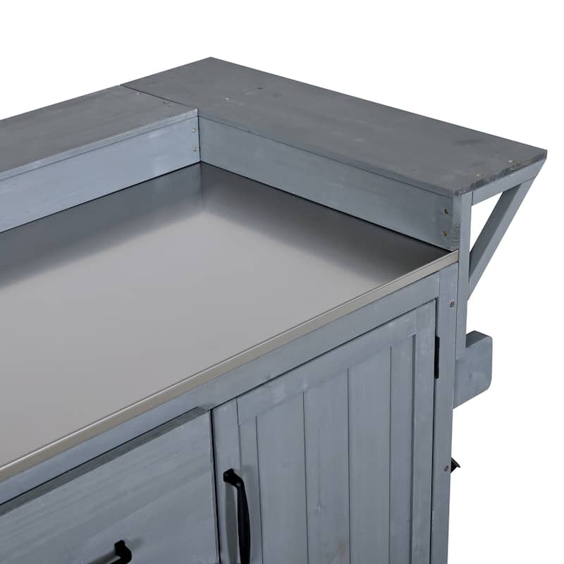 60" Rolling Outdoor Kitchen Island with Stainless Steel Top, Wood BBQ Prep Cart with Wine Rack & Drawers